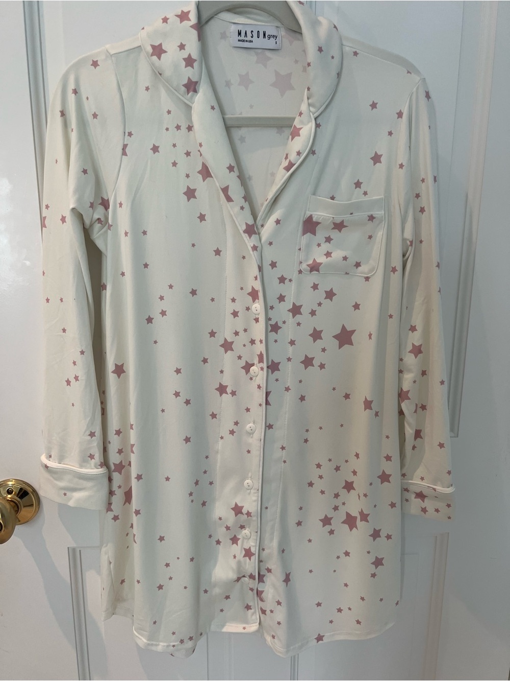 Mason grey Cream Button-Down Sleep Shirt/Top with Pink Star Print